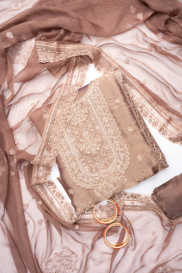 Chikoo Organza Unstitched Salwar Suit With Chiffon Dupatta