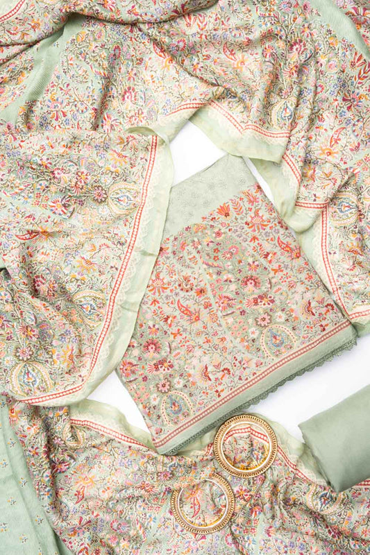 Mint Green Pashmina Unstiched Salwar Suit With Pashmina Dupatta