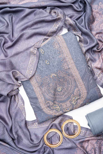 Grey Pashmina Unstitched Salwar Suit With Pashmina Dupatta