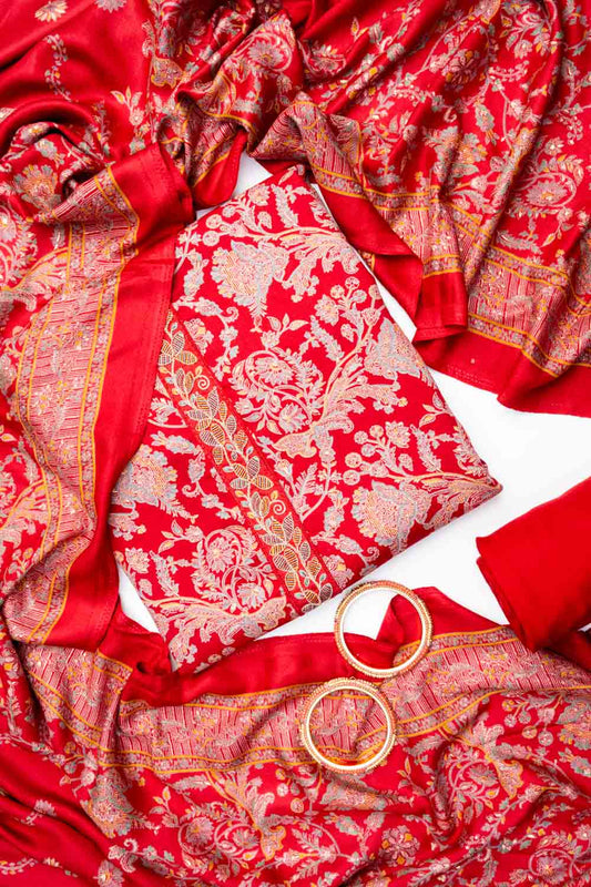 Maroon Pashmina Unstiched Salwar Suit With Pashmina Dupatta