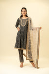 Black Cotton Readymade Suit And Pant With Organza Dupatta