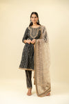 Black Cotton Readymade Suit And Pant With Organza Dupatta