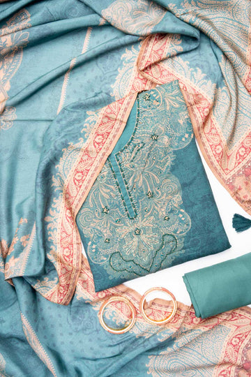 Mint Green Pashmina Unstitched Salwar Suit With Pashmina Dupatta