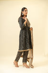 Black Cotton Readymade Suit And Pant With Organza Dupatta