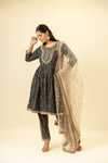 Black Cotton Readymade Suit And Pant With Organza Dupatta