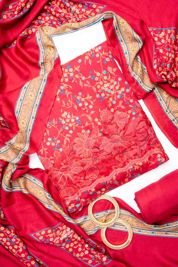 Maroon Pashmina Unstitched Salwar Suit With Pashmina Dupatta