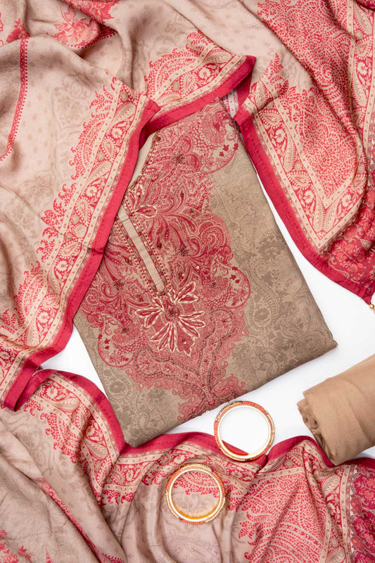 Olive Pashmina Unstitched Salwar Suit With Pashmina Dupatta