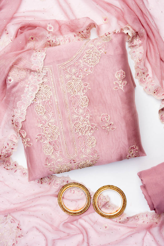 Onion Organza Unstitched Salwar Suit With Chiffon Dupatta