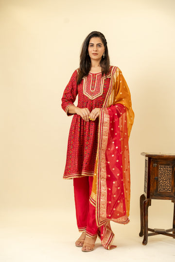 Maroon Cotton Readymade Suit And Pant With Organza Dupatta