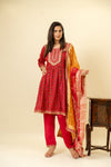 Maroon Cotton Readymade Suit And Pant With Organza Dupatta