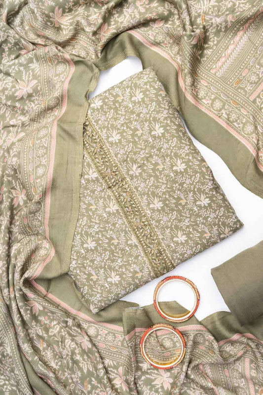 Pista Pashmina Unstiched Salwar Suit With Pashmina Dupatta