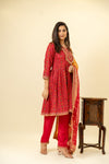 Maroon Cotton Readymade Suit And Pant With Organza Dupatta