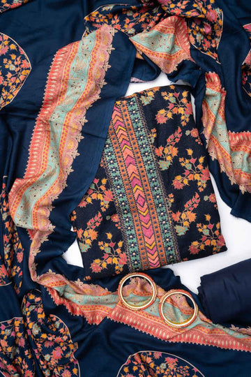 Navy Blue Pashmina Unstitched Salwar Suit With Pashmina Dupatta