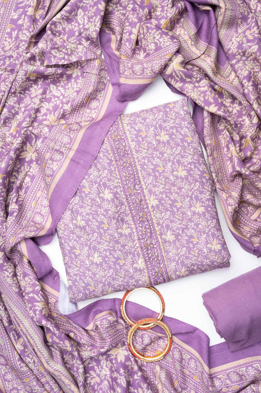 Mauve Pashmina Unstiched Salwar Suit With Pashmina Dupatta