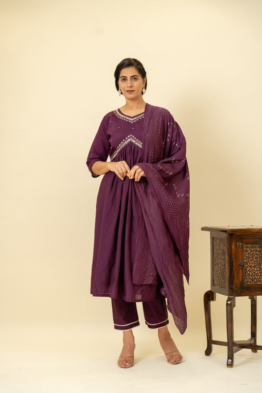 Wine Cotton Readymade Suit And Pant With Cotton Dupatta