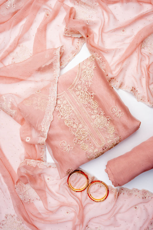 Pink Organza Unstitched Salwar Suit With Chiffon Dupatta