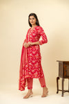 Red Cotton Readymade Suit And Pant With Cotton Dupatta