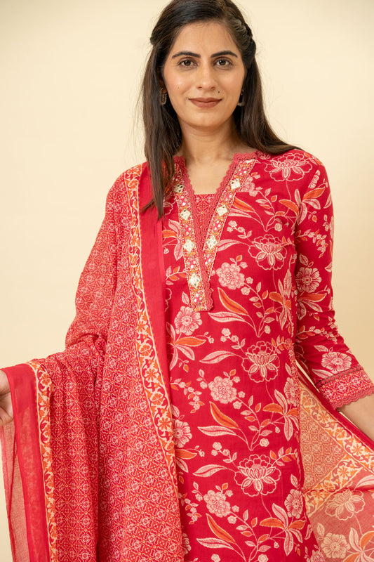 Red Cotton Kurti And Pant With Cotton Dupatta