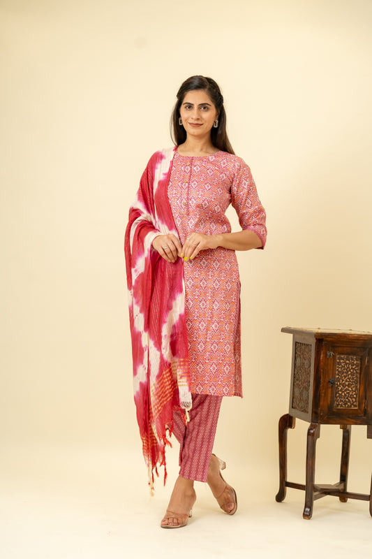 Onion Cotton Readymade Suit And Pant With Cotton Dupatta