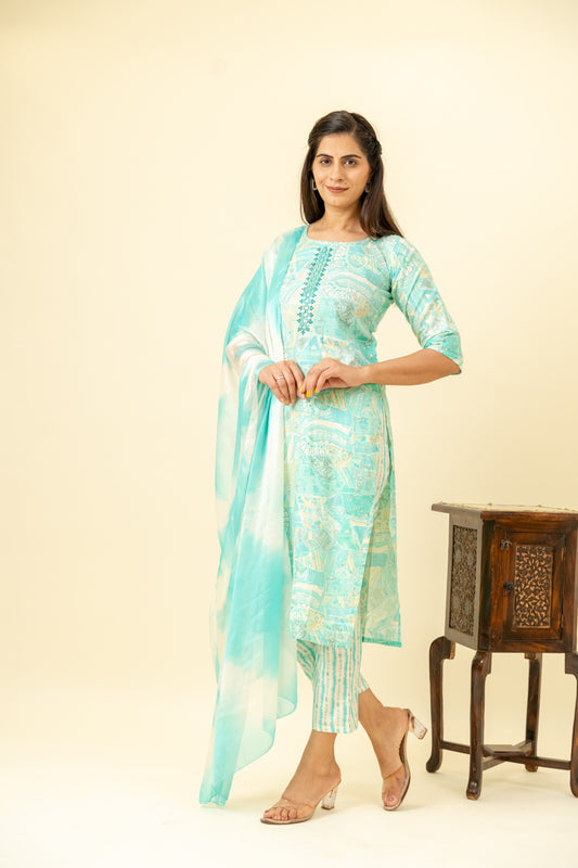 Sky Blue Cotton Kurti And Pant With Cotton Dupatta