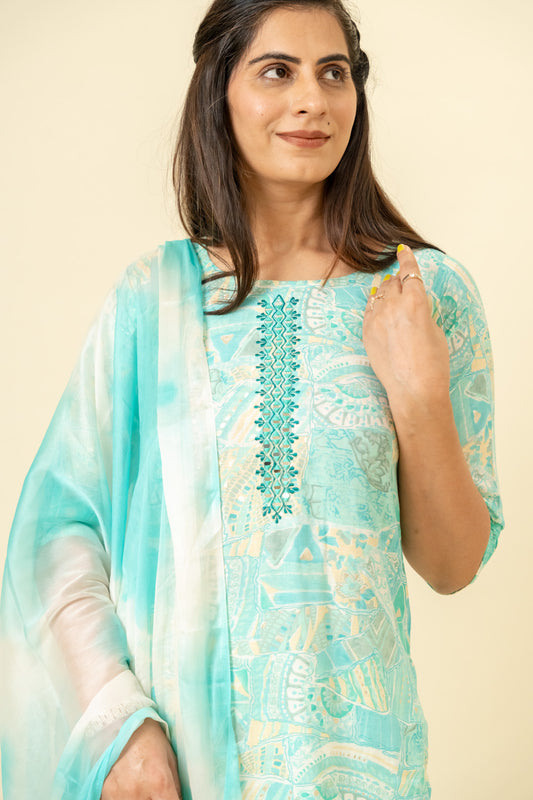 Sky Blue Cotton Readymade Suit And Pant With Cotton Dupatta