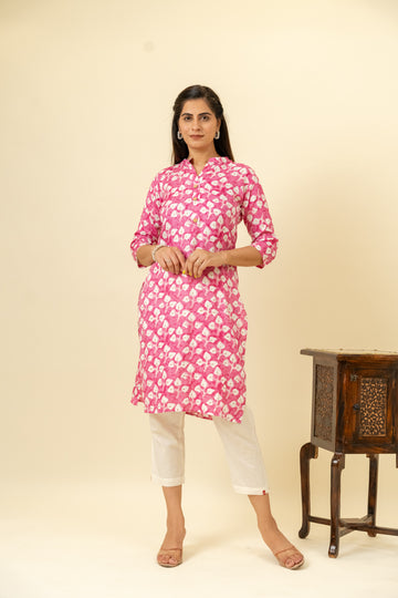 Pink Floral Printed Cotton Readymade Long Kurta