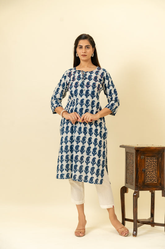 Indigo Blue Digital Printed Cotton Long Kurta