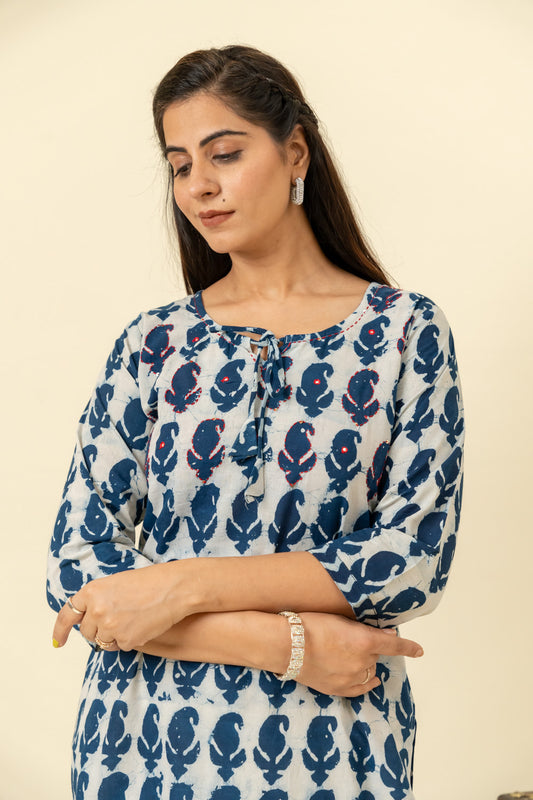 Indigo Blue Digital Printed Cotton Readymade Long Kurta