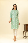 Mint Green Floral Printed Cotton Readymade Long Kurta