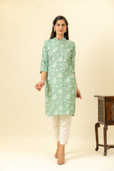 Mint Green Floral Printed Cotton Long Kurta