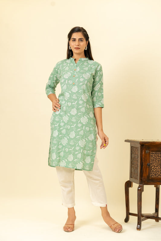 Mint Green Floral Printed Cotton Readymade Long Kurta