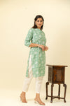 Mint Green Floral Printed Cotton Readymade Long Kurta