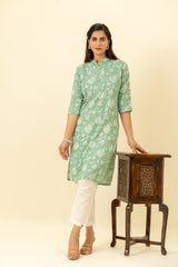 Mint Green Floral Printed Cotton Long Kurta