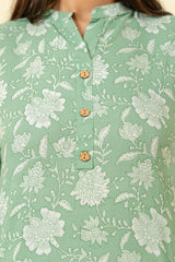 Mint Green Floral Printed Cotton Long Kurta