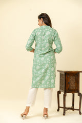 Mint Green Floral Printed Cotton Long Kurta