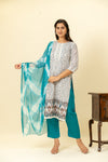 White Blue Cotton Readymade Suit And Pant With Cotton Dupatta