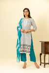 White Blue Cotton Readymade Suit And Pant With Cotton Dupatta