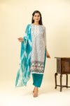 White Blue Cotton Readymade Suit And Pant With Cotton Dupatta