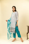 White Blue Cotton Readymade Suit And Pant With Cotton Dupatta