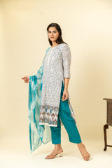 White Blue Cotton Kurti And Pant With Cotton Dupatta