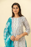 White Blue Cotton Readymade Suit And Pant With Cotton Dupatta