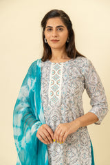 White Blue Cotton Kurti And Pant With Cotton Dupatta