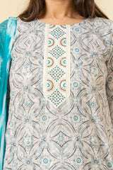 White Blue Cotton Kurti And Pant With Cotton Dupatta