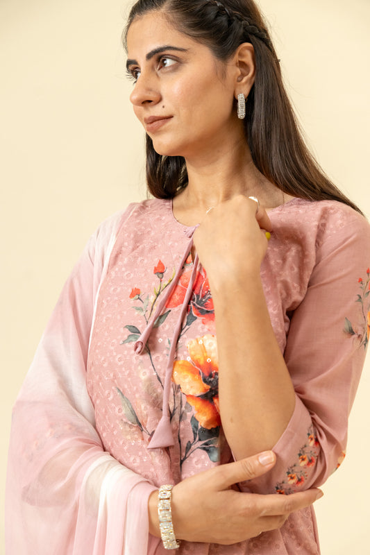 Mauve Cotton Kurti And Pant With Cotton Dupatta