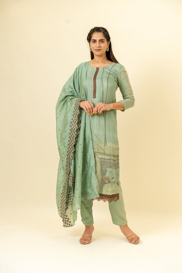 Pista Cotton Readymade Suit And Pant With Cotton Dupatta