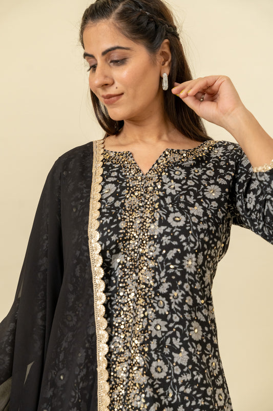 Black Cotton Kurti And Palazzo With Georgette Dupatta