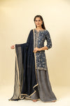 Navy Blue Cotton Readymade Suit And Palazzo With Georgette Dupatta