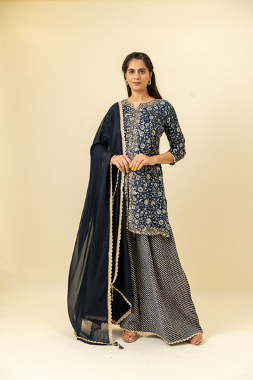 Navy Blue Cotton Readymade Suit And Palazzo With Georgette Dupatta