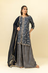 Navy Blue Cotton Readymade Suit And Palazzo With Georgette Dupatta