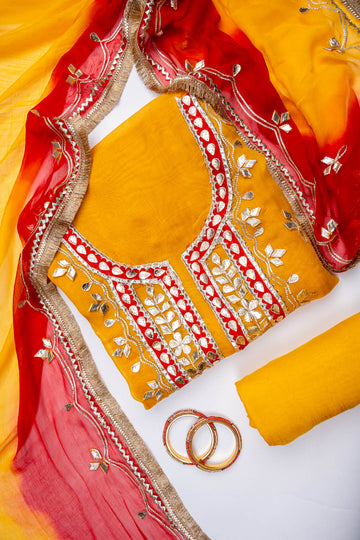 Mustard Crepe Unstitched Salwar Suit With Chiffon Dupatta